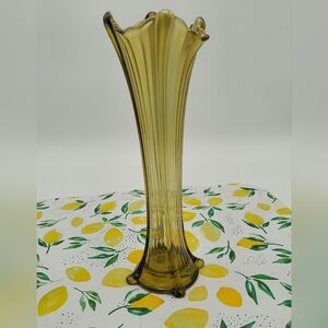 Vintage Northwood Tall Ribbed Vase Citrine Green Yellow Antique